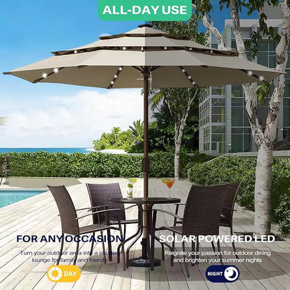EliteShade USA 10-Year-Non-Fading 10ft 3-Tier Market Patio Umbrella, Commercial Table Umbrella with 80 Solar LED Lights, Crank Open, Windproof & UPF 50+ UV Protection for Garden, Deck, Pool, Backyard, No Tilt, Antique Beige