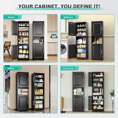 SISESOL 67" Tall Narrow Storage Cabinet with 2 Door and 7 Shelves,Slim Kitchen Pantry Cabinet,Black Metal Bathroom Cabinets,Large Cupboard for Home,Kitchen,Laundry,Bathroom