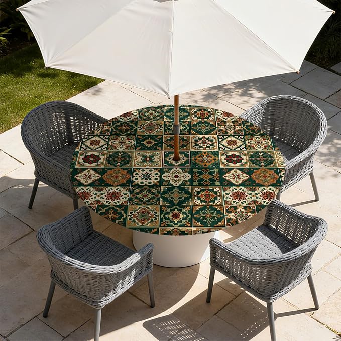 Outdoor Tablecloth with Umbrella Hole and Zipper Fits 32-36" Tables | Waterproof Round Fitted Tablecloth with Elastic Edge, Wipeable Outdoor Table Cover for Patio, Garden, Picnic