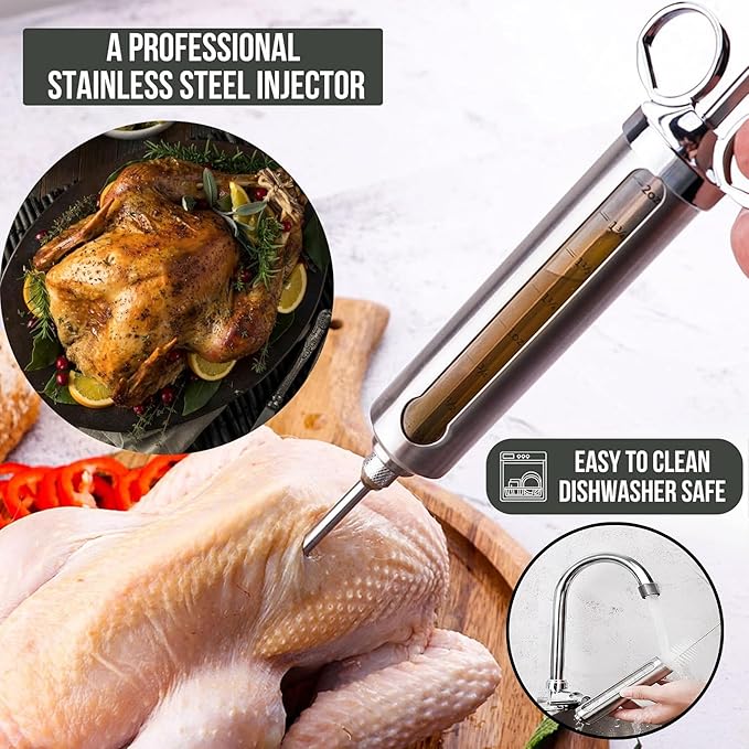 Professional Meat Injector Marinade Syringe Kit for Smoking & Grilling Turkey, Brisket & BBQ, Large 2 Oz Stainless Steel Visible Capacity, Never Leaks or Clogs + Meat Shredding Claws & Flavor Brush