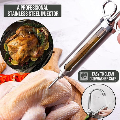 Professional Meat Injector Marinade Syringe Kit for Smoking & Grilling Turkey, Brisket & BBQ, Large 2 Oz Stainless Steel Visible Capacity, Never Leaks or Clogs + Meat Shredding Claws & Flavor Brush