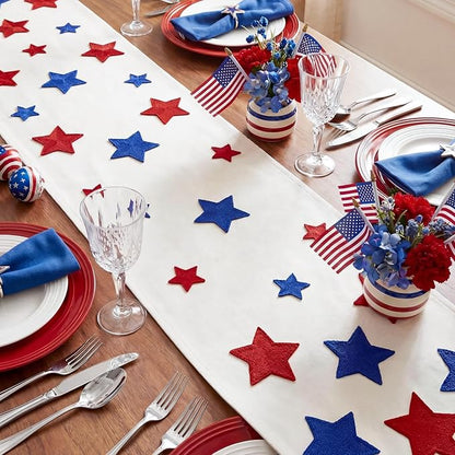 Artoid Mode Soft Chain Embroidery Patriotic Stars 4th of July Table Runner, Memorial Day Kitchen Dining Table Decoration for Home Party Decor 13x72 Inch