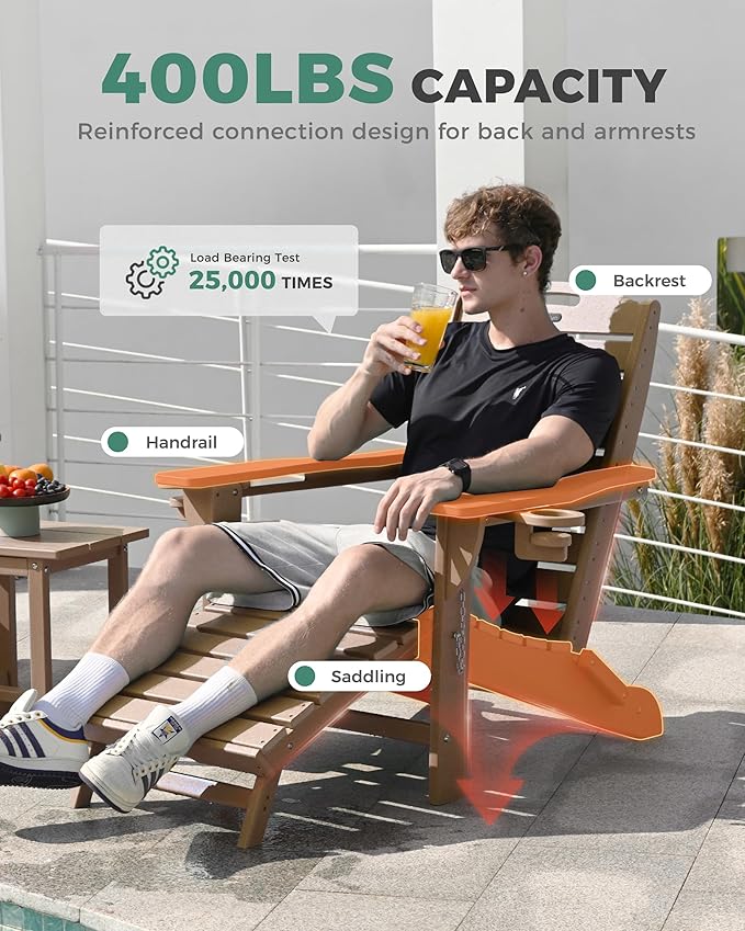Adjustable Adirondack Chairs Set of 4 with Retractable Ottoman, HDPE Folding Adirondack Chair with Cup Holders, Weather Resistant for Backyard, Poolside & Fire Pit (Teak)