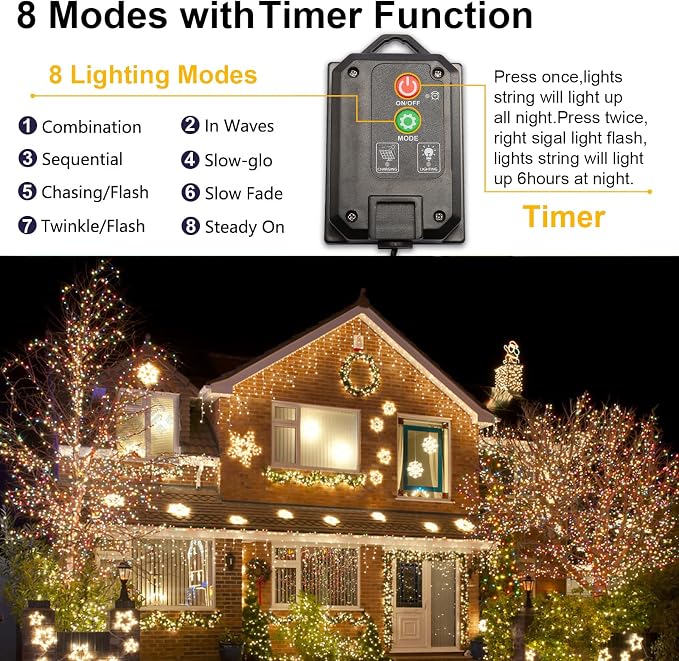 Solar Christmas String Lights, Warm White 200Led Outdoor Waterproof | 2 Pack Total 400LED 144Ft 8 Modes Timer, IP44 Outside Fairy Lights for Tree, Garden, Patio, Lawn, Party, Yard Decorations