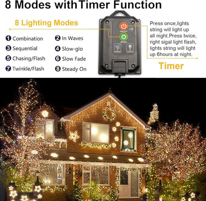 Solar Christmas String Lights, Warm White 200Led Outdoor Waterproof | 2 Pack Total 400LED 144Ft 8 Modes Timer, IP44 Outside Fairy Lights for Tree, Garden, Patio, Lawn, Party, Yard Decorations