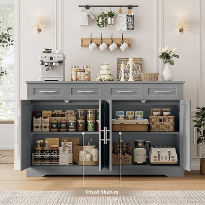 HOSTACK 60" Large Buffet Sideboard with Storage, 36" Tall Kitchen Buffet Storage Cabinet with 4 Drawers, Modern Coffee Bar Cabinet with Silver Handles, Long Sideboard Buffet Table for Kichen, Grey