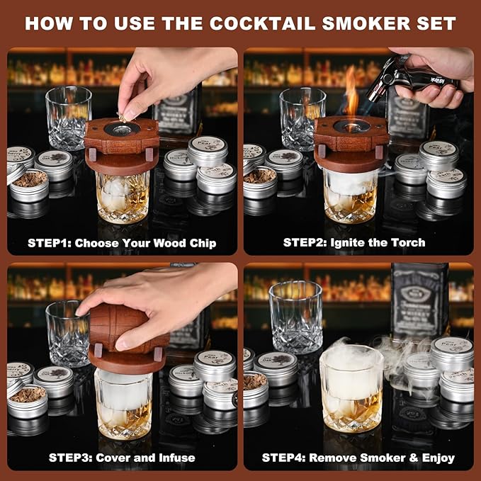 Whiskey Smoker Kit with Torch - No Butane, 6 Flavors Wood Chips, 2 Whiskey Glasses, 2 Round Ice Cube Mold, Old Fashioned Smoker Kit Cocktail Smoker Drink Smoke, Anniversary Birthday Gifts for Men Dad