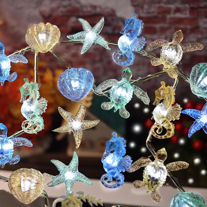 Solar String lights Outdoor Decorative Fairy Solar Lights for Outside Garden Décor Waterproof Sea life Turtle Seahorse Starfish Ocean Nautical Balcony Patio Lights 40LED 14ft Yard Fence Window Decor