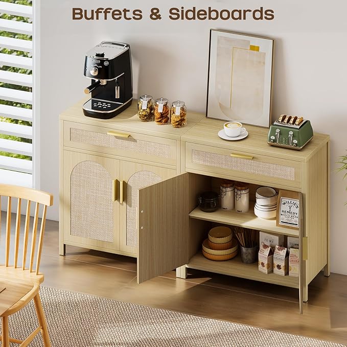 Rattan Buffet Cabinet with Storage, Sideboard Cabinet with Doors and Shelves, Accent Coffee Bar with Drawers, Farmhouse Kitchen Storage Cabinets, credenza for Entryway, Living Room Natural