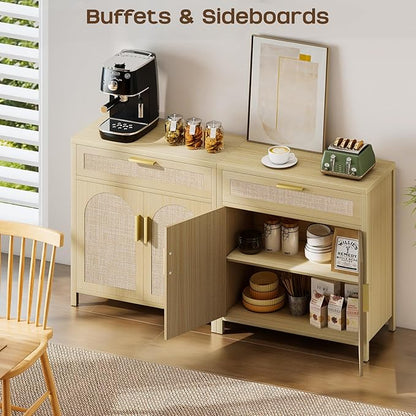 Rattan Buffet Cabinet with Storage, Sideboard Cabinet with Doors and Shelves, Accent Coffee Bar with Drawers, Farmhouse Kitchen Storage Cabinets, credenza for Entryway, Living Room Natural