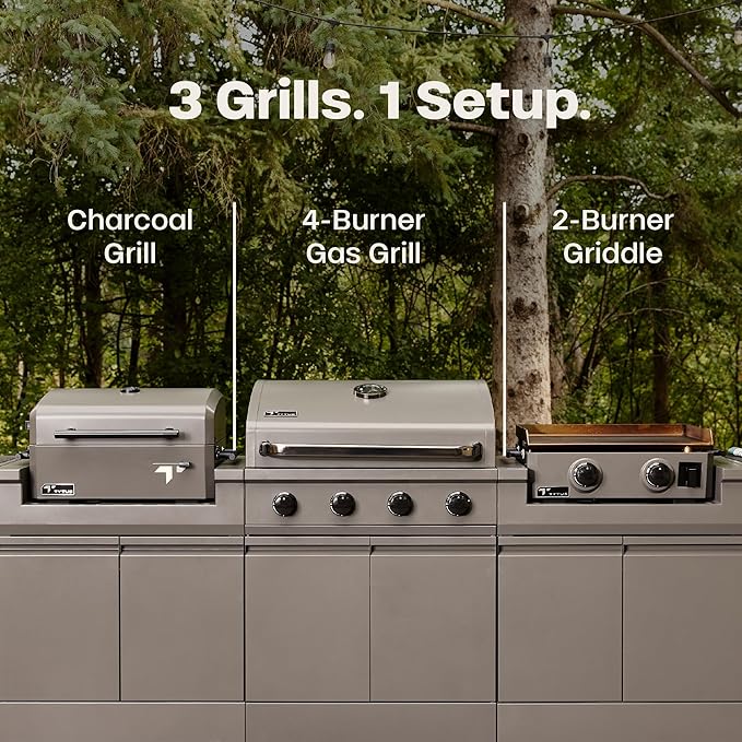 Tytus Anaheim 4-Burner Gas Grill with Two Prep Carts, Charcoal Grill, and Gas Griddle with Cover - Modular Outdoor Kitchen, Quick Assembly, Outdoor Cooking, Kitchen Island for BBQ