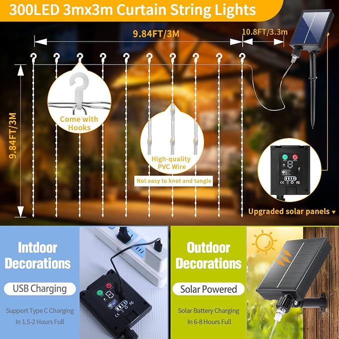 Upgraded Solar Curtain Lights 10x10Ft 300LED Solar Powered Waterfall Lights for Patio Gazebo Backdrop Wedding Party with USB Rechargeable Remote Timer Hanging Twinkle Fairy String Lights