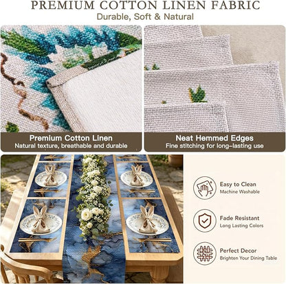 Nuxovilar Square placemats Set of 7 Table Runner and placemats Deep Blue&Gold Marble Pattern Linen-Cotton Tablerunner(72X13inch)&6 Placemats(11.8X17.7) Table Decor Essentials Kitchen,Dining Room