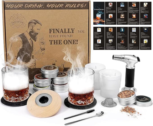 Whiskey Cocktail Smoker Kit with Torch, 6 Flavors Wood Chips, 2 Whiskey Glasses, 2 Ice Ball Molds, Bourbon Old Fashioned Drink Smoker Kit, Gifts for Men, Dad, Husband, Boyfriend(No Butane)