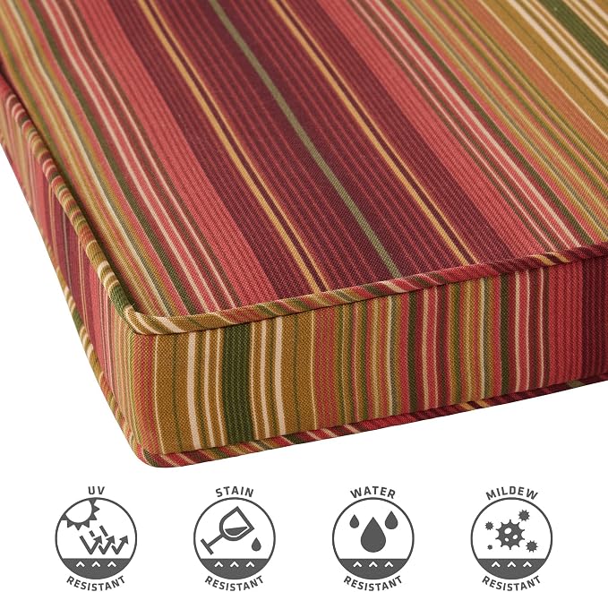 Outdoor 18 inch Square Patio Dining Chair Pads – Comfortable Fiber-Filled Seat Cushions with Ties, Reversible Polyester Fabric - Kinnabari Stripe, Set of 4