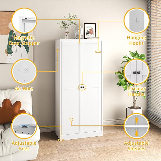 Metal Pantry Cabinet, Kitchen Pantry Storage Cabinets with 2 Door and 4 Adjustable Shelves, Utility Metal Storage Cabinet for Home, Living Room, Pantry (White)