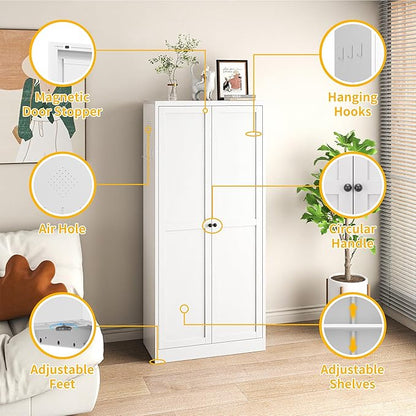 Metal Pantry Cabinet, Kitchen Pantry Storage Cabinets with 2 Door and 4 Adjustable Shelves, Utility Metal Storage Cabinet for Home, Living Room, Pantry (White)
