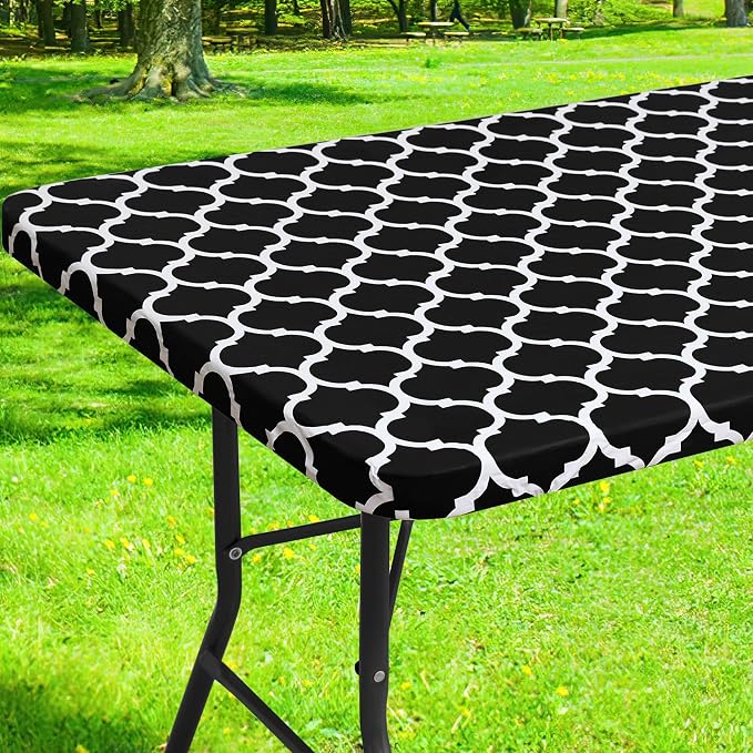 Smiry Picnic Fitted Table Cover, 6 Foot Flannel Backed Vinyl Tablecloth | Waterproof Elastic Stretch Table Cloth, Wipeable Plastic Tablecloth for Camping, Indoor & Outdoor (Black, 24" x 72")