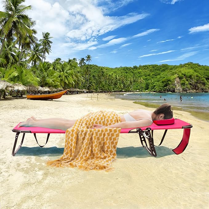 GYMAX Tanning Chair, 330lbs Beach Lounge Chair with Face Hole, Washable Pillow & Carry Strap, Adjustable Folding Chaise Lounge, Layout Chair for Outside, Patio, Poolside, Lawn (1, Pink)