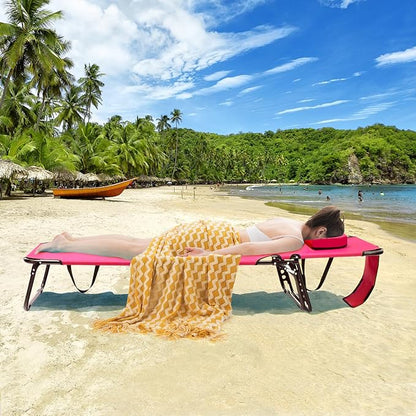 GYMAX Tanning Chair, 330lbs Beach Lounge Chair with Face Hole, Washable Pillow & Carry Strap, Adjustable Folding Chaise Lounge, Layout Chair for Outside, Patio, Poolside, Lawn (1, Pink)