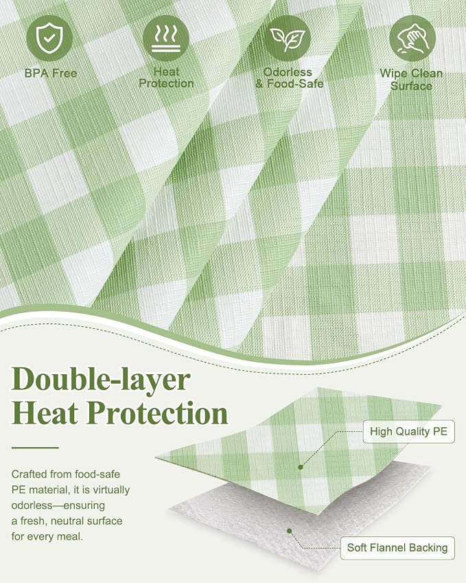 Seenus Flannel Backed Gingham Plastic Tablecloth, Waterproof & Wipeable Light Green Checkered Table Cover, Non-Slip Picnic Table Cloth for Birthday Party Outdoor Camping, Rectangle 60 x 120 Inch