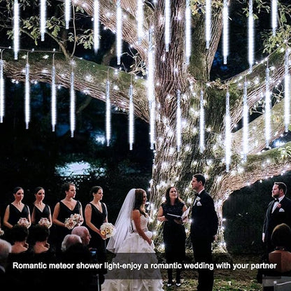 JMEXSUSS Solar Lights Outdoor, 8 Tube 144 LEDs Solar Meteor Shower Lights Outdoor, White Christmas Light for Tree Wedding Xmas Holiday Party Patio Gazebo Decor