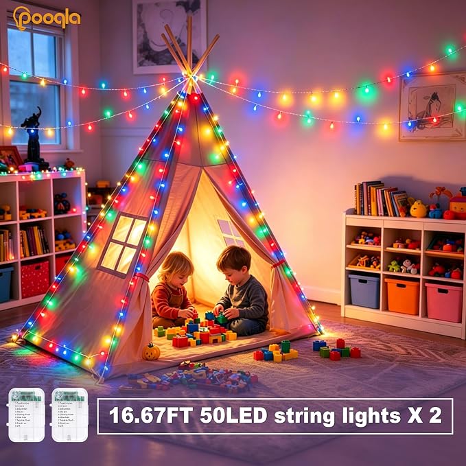 Pooqla 2 Pack String Lights Battery Operated, Total 33.3ft 100 LED Fairy Lights Indoor Outdoor Decorations, 8 Modes Colorful Battery Christmas Lights for Bedroom Classroom Porch Party Yard Decor