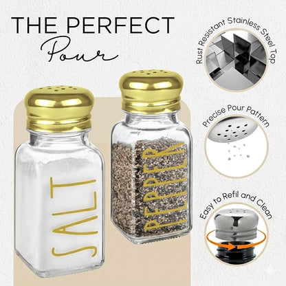 Luxury Glass Salt and Pepper Shakers Set with Holder by Brighter Barns - Gold Dining Room Decor, Farmhouse Kitchen Accessories - Glass Salt Shaker with Caddy for Restaurants, Hotel, Gifts (Clear/Gold)