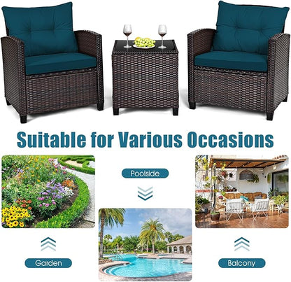 HAPPYGRILL 3 Pieces Patio Conversation Set, Outdoor Furniture Set PE Rattan Sofa Set with Removable Cushions, PE Wicker Chairs with Tempered Glass Side Table for Porch Lawn Garden Balcony Backyard