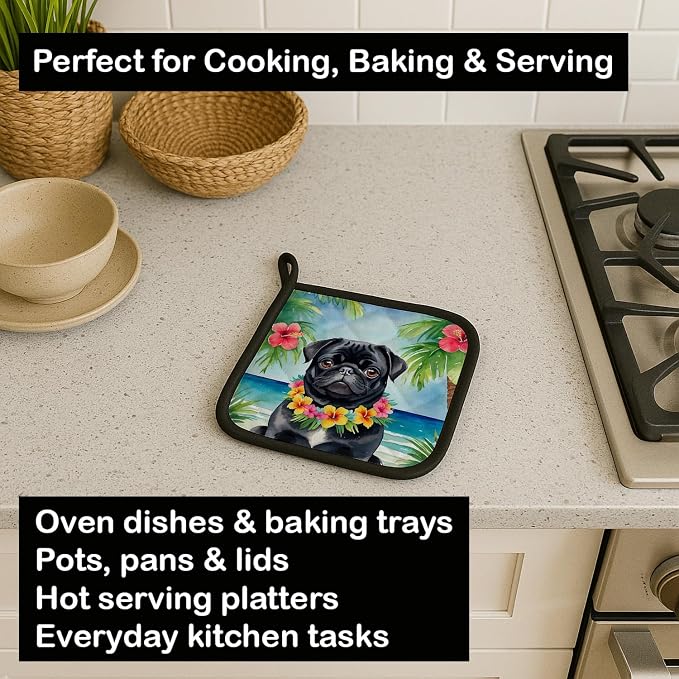 Caroline's Treasures Black Pug Luau Pair of Pot Holders Kitchen Heat Resistant Pot Holders Sets Oven Hot Pads for Cooking Baking BBQ, 7 1/2 x 7 1/2