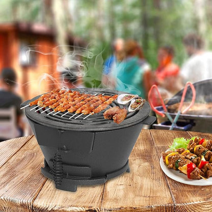 Hibachi Grill, Portable Cast Iron Charcoal Grill with Air Regulating Door & Fire Gate, Grate Lifter, Small Tabletop Japanese Yakitori Grill for Outdoor Camping, Picnic, Party (Round)