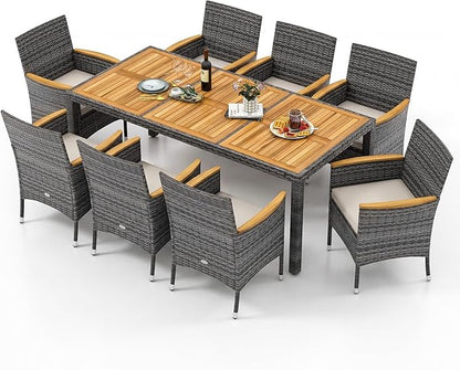 Tangkula 9 Pieces Outdoor Wicker Dining Set, Patio Dining Furniture Set with Acacia Wood Table and 8 Armchairs, Outdoor Table and Chairs Set with 1.96” Umbrella Hole and Cushions