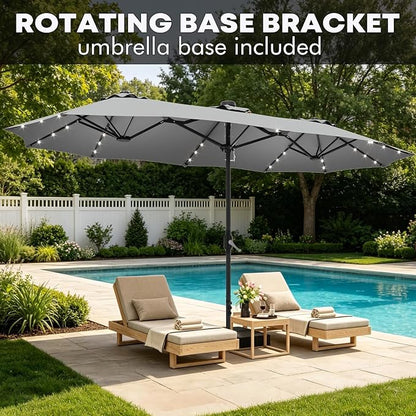 15ft Double-Sided Rectangle Patio Umbrella with 36 LED Solar Lights & Base | UV50+ Weather-Resistant Outdoor Umbrella,Crank Lift,Patio Shade for Pool,Garden,Backyard,Gray