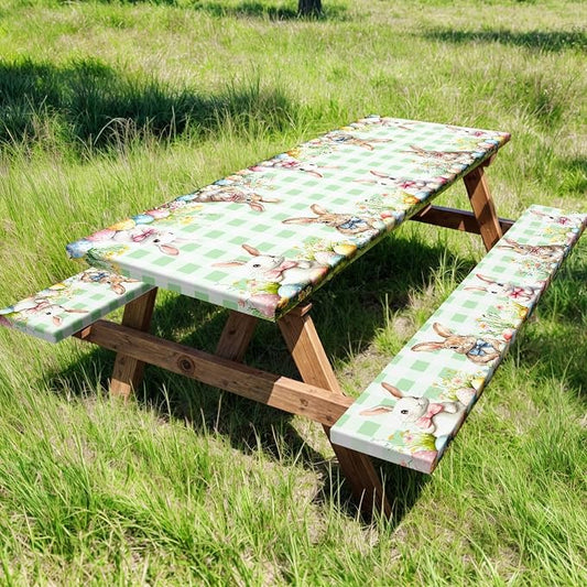 Easter Picnic Table Cover with Bench Covers, Camping Essentials, Easter Buffalo Plaid Rabbit Eggs Flower Outdoor Table Covers, Waterproof, Fitted Tablecloth Cover with Elastic Edge, 3 PCS, 30x60 Inch