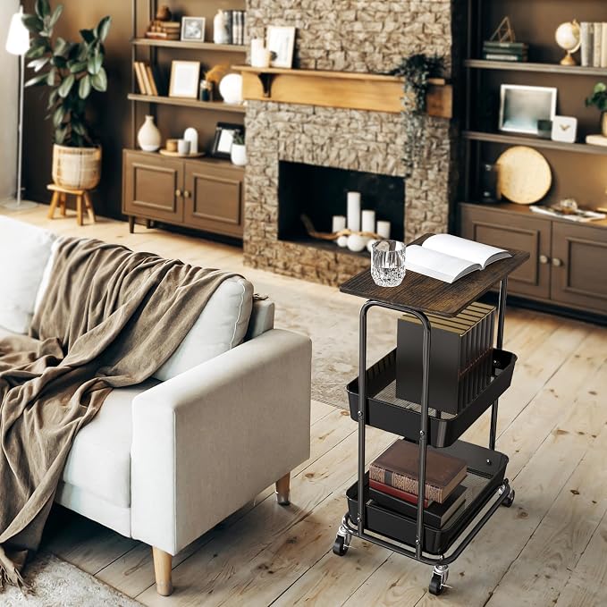 Simple Houseware 2-Tier Utility Cart Wood Top/Lockable Wheel, Rustic Brown | 2-Tier Metal Storage Organizer Trolley for Kitchen, Bathroom, Office, Craft Room