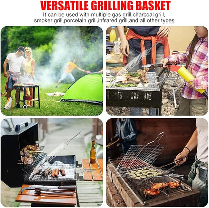Grill Baskets Fish Grilling Basket for Outdoor Grilling Barbecue Stainless Steel Folding Grill Accessories with Removable Handle, Grill Basket for Bar, Camping, Picnics & Parties. Amazing Grill