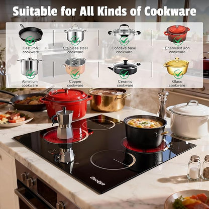 Electric Cooktop 24 Inch, 4 Burner Electric Stove Top Drop-in(22.05"x19.3") 220V-240V, 24 Inch large Ceramic Stovetop with Ceramic Glass, Timer, Kids Safety Lock, 220V Hard Wired (No Plug)