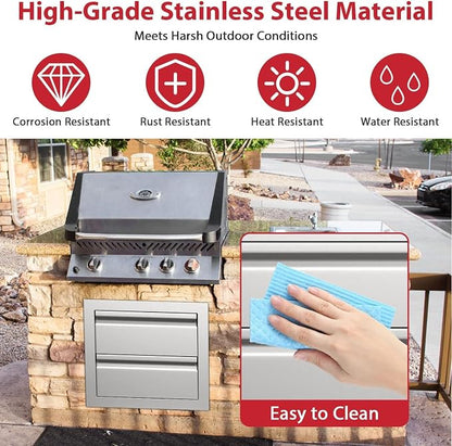 18" W x 23" D x 15" H Outdoor Double Kitchen Drawers, Stainless Steel Kitchen Grill Cabinet Combo Flush for BBQ Island Patio and Grill Station