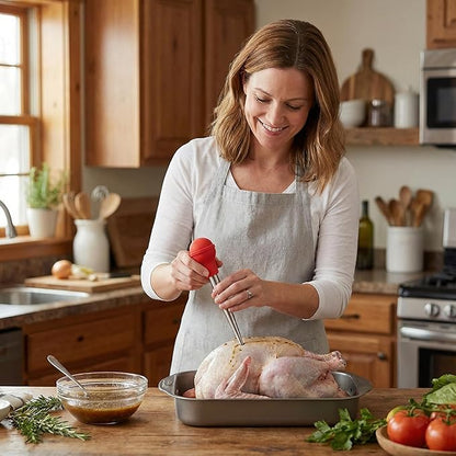 Upgraded Large Turkey Baster with Silicone Brush, Stainless Steel Heavy Duty Baster Syringe for Meat Cooking with Cleaning Brush & 2 Detachable Needles (Red)