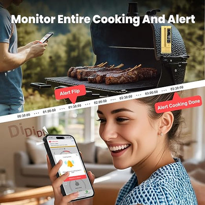 WiFi Sub-1G Wireless Meat Thermometer Unlimited Range 7 NIST Certified Sensors with Ambient Temp 2 Temp Monitoring Ways Digital Smart Base and App for BBQ, Smoker, Grill, Oven