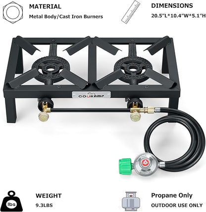 COOKAMP Propane Double Burner Angle Iron Camp Stove with CSA Listed Regulator and 4ft Hose (SA2200)