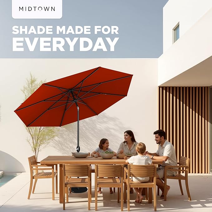 Midtown Umbrellas - 10-Year-No-Fade 9 Ft Patio Umbrella with Terylast Fabric, Auto-Tilt Aluminum Frame and 8 Reinforced Ribs for Deck, Pool, Garden & Beach - Apple Red Canopy, Black Pole