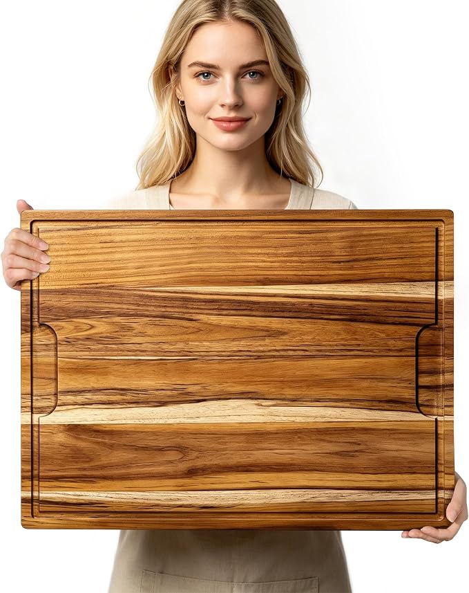 24 x 18 in Teak Cutting Board, Butcher Block with Juice Groove | 1.25” Thick Wood Cutting Board for Meat and Brisket, End Grain Cutting Board for Kitchen Prep, Large Carving Cutting Board