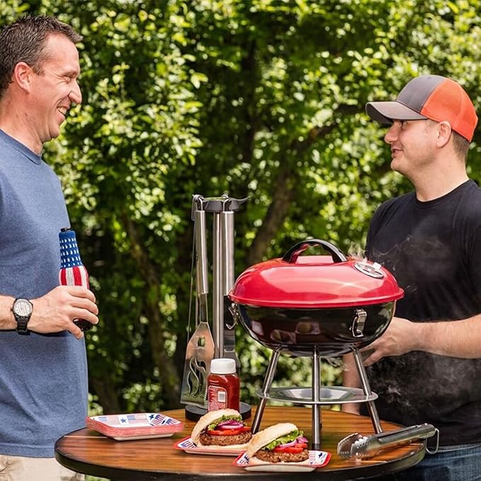 Round Griddle, Charcoal Grills Portable Charcoal Round Grill, Red Small Grills with Locking Lid and Dual Vents Chrome Plated Travel BBQ for Backyard Bonfire Outdoor Cooking Camping