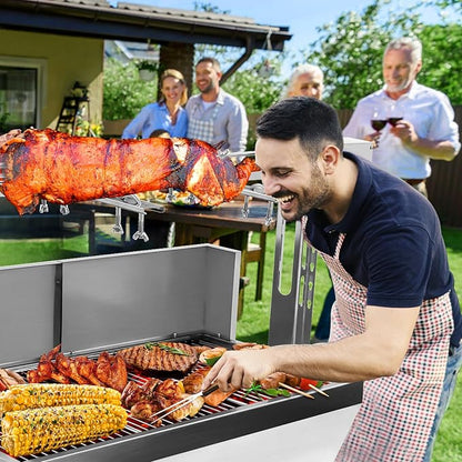 Rotisserie Grill Charcoal Spit Roaster, Stainless Steel 37" Pig Lamb Hooded Roaster Charcoal Spit With 25W Motor & Adjustable Height Lockable Casters For Party Barbecue,132 LBS With Baffle