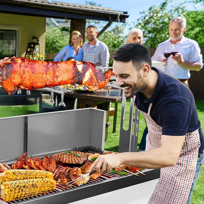 37" Electric Rotisserie Grill, Pig Lamb Spit Roaster Stand With 132 Lbs Capacity and Adjustable Height, BBQ Charcoal Grill Kit Stainless Steel for Outdoor Party Camping