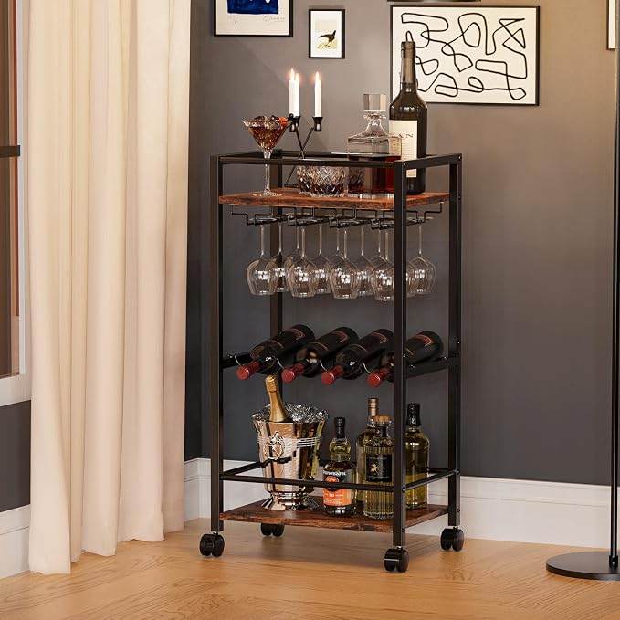 Bar Cart, Home Bar Serving Cart, Mobile Kitchen Carts with Wheels, Small Rolling Cart with Wine Rack and Glass Holders, Rolling Beverage Cart for Kitchen, Dining Room, Living Room, Rustic Brown