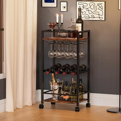 Bar Cart, Home Bar Serving Cart, Mobile Kitchen Carts with Wheels, Small Rolling Cart with Wine Rack and Glass Holders, Rolling Beverage Cart for Kitchen, Dining Room, Living Room, Rustic Brown
