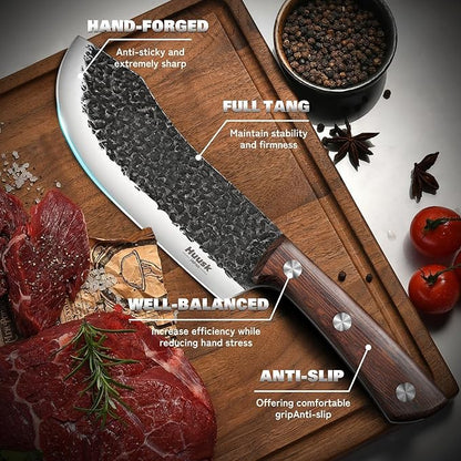 Huusk Butcher Knife Set for Meat Cutting 10pcs Viking Kitchen Serbian Chef Knife with Roll Bag Hand Forged Brisket Knives Meat Cleaver for Men Gift BBQ Outdoor Camping