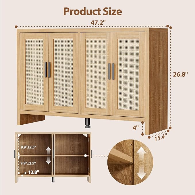 Rattan Buffet Cabinet with Storage, Sideboard Cabinet with Doors and Adjustable Shelves, Farmhouse Coffee Bar Station Table, Modern Wood Cupboard for Kitchen, Livingroom and Dining Room